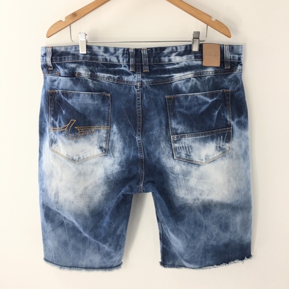 Born Fly Mens Jean Shorts Factory Fading Raw Hem Fringe Distressed Blue Sz 42 - Picture 6 of 11